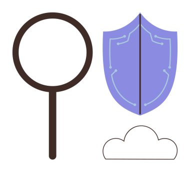 Dijital bir kalkanın yanında büyüteç ve veri koruması, güvenlik ve analizi vurgulayan bir bulut. Siber güvenlik, gizlilik, bulut hesaplama, teknoloji, veri analizi, güvenli depolama için ideal