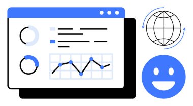 Analitik gösterge paneli, turta grafikleri, çizgi grafiği, küresel bağlantı simgesi ve kullanıcı memnuniyetini temsil eden gülümseyen yüz ile veri görselleştirmesini içerir. İş, teknoloji ve veri analizi için ideal