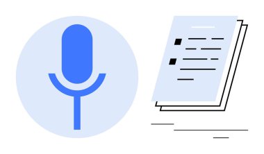 Üzerinde bir belge olan mavi mikrofon, konuşma metni, transkripsiyon, podcast veya ses kaydını sembolize ediyor. Dil öğrenme, dijital ortam, yazma yardımı, podcasting ses notları verileri için ideal