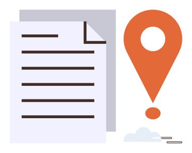 Turuncu bir konum işaretinin yanındaki kağıt döküman veri paylaşımını, fikirleri ya da yönleri öneriyor. Navigasyon, evrak işleri, planlama, iletişim dosyalama asgari işbirliği için idealdir. Basit.