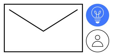Posta zarfının ortasında kullanıcı profili simgesi ve ampul sembolü var. E- posta, iletişim, fikir paylaşımı, yaratıcılık, kullanıcı etkileşimi, dijital mesajlaşma ve basit iniş sayfası için ideal