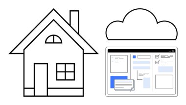 Bir bulut ve dosya organizasyonunu gösteren dijital arayüzün yanındaki ev taslağı. Akıllı ev, bulut depolama, çevrimiçi veri, bilişim çözümleri, bağlantı, uzaktan erişim, basit düz metafor için ideal