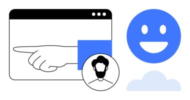 Tarayıcı penceresinde el gösterimi, kullanıcı profili simgesi, mutlu yüz ve bulut simgesi. Kullanıcı deneyimi, geribildirim, dijital ürün, çevrimiçi hizmetler, navigasyon rehberi basit iniş sayfası için ideal