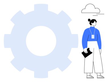 Büyük bir dişlinin yanında duran kadın, takım çalışmasını, ilerlemeyi ve yeniliği temsil ediyor. İş, strateji, çözümler, yönetim, organizasyon liderliği için idealdir.