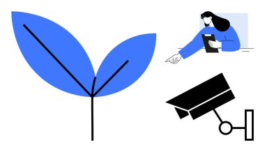 Mavi yaprak, elinde pano ve güvenlik kamerası olan bir kadının yanında büyümeyi simgeliyor. Ekoloji için ideal, sürdürülebilirlik, güvenlik, teknoloji, analiz, yönetim, basit iniş sayfası