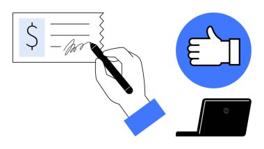 Dolar miktarında el yazısı, mavi daire ve dizüstü bilgisayarla onaylandı. Finans, onaylar, teknoloji, çevrimiçi ödemeler, küçük işletmeler için anlaşmalar için ideal. Basit iniş sayfası