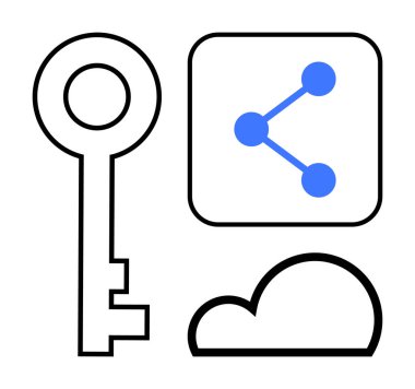 Bulut ve veri paylaşımını temsil eden ikonların yanı sıra anahtar. Teknoloji, güvenlik, bulut hesaplama, ağ oluşturma, dijital erişim, basit iniş sayfası için ideal
