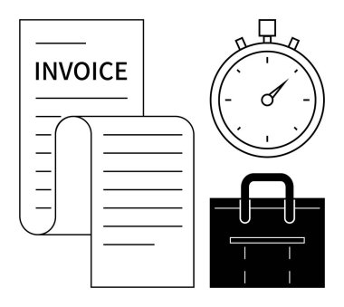Kronometre zamanı, faturayı ve iş koşullarını temsil eden çantayı sembolize ediyor. Zaman yönetimi, faturalama, üretkenlik, finans, süreler, iş araçları ve organizasyon için ideal