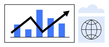 Yükselen çubuk grafiği ve yukarı doğru ok bulutun önündeki dünya ile yan yana. İş büyümesi, analitik, küresel ekonomi, başarı, ilerleme, strateji, veri görselleştirme için idealdir. Basit düz metafor