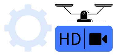 Denge ölçeğine sahip çark ve HD video kaydedici verimliliği, hassasiyeti ve teknolojik mükemmelliği simgeliyor. Mühendislik, adalet, medya, teknoloji, kalite güvencesi ve üretim için ideal