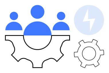 Büyük teçhizatlı üç kişi, yıldırım, takım çalışmasını temsil eden daha küçük teçhizat, yenilik, üretkenlik, beyin fırtınası, proje yönetimi, problem çözme, etkili sistemler basit