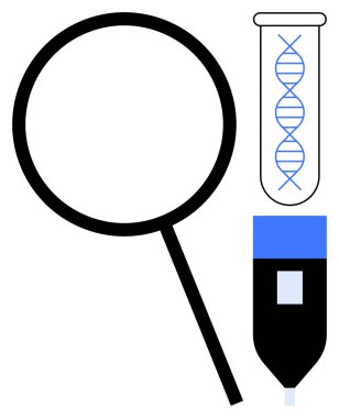 Yakınlarda pipetle test tüpündeki DNA sarmalını inceleyen büyüteç, bilimsel araştırma, deney, DNA analizi, biyoteknoloji, yenilik, laboratuvar çalışmaları, genetik mühendisliği çağrıştırıyor.