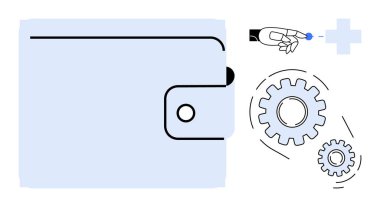 Cüzdan, robotik el ve dişliler mali teknolojiyi, otomasyonu, ekonomiyi ve yeniliği gösteriyor. Fintech, otomasyon, mühendislik optimizasyon finansmanı için ideal