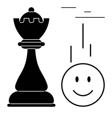 Satranç kalesi ve soyut çizgilerle gülen surat stratejiyi, karar vermeyi, liderliği, başarıyı, dengeyi, pozitifliği ve odaklanmayı sembolize eder. Sorun çözme, takım çalışması motivasyon hedefleri için ideal