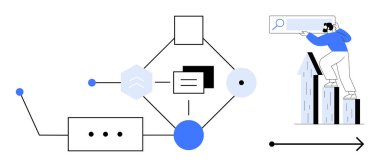 Geometrik şekiller, veri akışını gösteren çizgiler ve noktalarla bağlantılı. Çubuk grafikte duran adam arama çubuğuyla etkileşimde. Teknoloji, araştırma, iletişim ve analiz için ideal