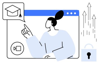 Sanal öğrenme arayüzü, mezuniyet şapkası, yukarı doğru oklar, video ikonu ve asma kilit kullanan bir kadın. Eğitim, teknoloji, e-öğrenim güvenlik büyüme yeniliği için idealdir. Basit.