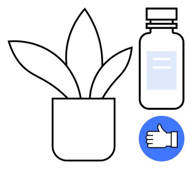 Bir ilaç şişesinin yanında saksı bitkisi. Mavi bir çemberin içinde baş parmak işareti var. Sağlık, sağlık, eko-yaşam, doğal ilaçlar, sürdürülebilirlik, onay ve basit iniş sayfası için ideal