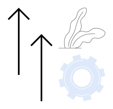 Yukarı doğru iki ok, soyut bitki yaprakları ve gelişimi, yeniliği, gelişimi, sürdürülebilirliği, ekip çalışmasını, verimliliği ve gelişimi sembolize eden soluk bir dişli. Minimalist ve basit düz metafor