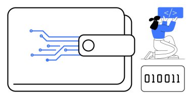 Elektronik devre desenli cüzdan, dizüstü bilgisayarda kodlama yapan bir geliştirici ve ikili kod elemanı. Fintech, kripto para birimi, teknoloji, kodlama, dijital finans, yazılım sade iniş sayfası için ideal
