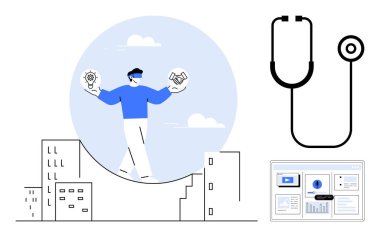 Ampul ve tokalaşmayı binalar, steteskop ve analitik için dijital arayüz üzerinde dengeleyen bir kişi. İş için ideal, karar verme, sağlık, denge, yenilik, tıbbi