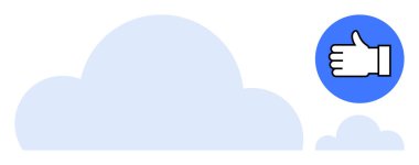 Yumuşak bulut dizaynının yanında mavi bir dairede başparmak kaldırma simgesi. Sosyal medya onayı, geri bildirim, kullanıcı arayüzü, pozitiflik, iletişim, takım çalışması ve basit bir iniş sayfası için ideal
