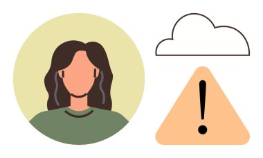 Yeşil tişörtlü kadın, minimalist bulut, ünlem işaretli turuncu üçgen. Uyarı, teknoloji, iletişim, risk, farkındalık güvenliği veya farkındalık teması için idealdir. Basit düz metafor