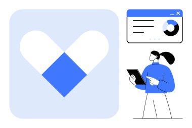 Kalp şeklinde grafikler, tablet tutan bir kadın, çizelgeli analitik gösterge paneli. Sağlık, analitik, teknoloji, veri sunumu, araştırma ve modern tasarım için ideal