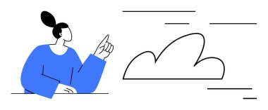 Kadın, dinamik çizgilerin ortasındaki soyut bulut figürüne düşünceli bir şekilde el kol hareketi yaparak yeniliği, iletişimi ve ilerlemeyi sembolize ediyor. Takım çalışması, beyin fırtınası, teknoloji, çözümler, öğrenme için ideal