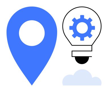 Mavi konum işareti, içinde ekipman olan ampul ve yaratıcılığı, teknolojiyi, navigasyonu, problem çözmeyi, yeniliği, beyin fırtınası stratejisini simgeleyen bulut çizimi. Teknoloji için ideal