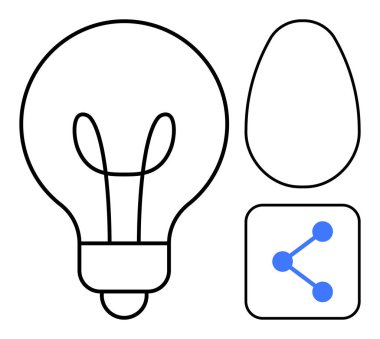 Fikirleri sembolize eden ampul, yeniliği çağrıştıran soyut şekil ve bağlantı veya paylaşım için bağlı düğümler. Yaratıcılık, teknoloji, yenilik, ağ oluşturma, beyin fırtınası, işbirliği için ideal