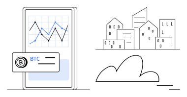 Minimum şehir binaları ve bulutun yanında şifreli para birimi şeması ve BTC kartı gösteren mobil ekran. Finans, teknoloji, engelleme zinciri, yatırım, analitik, kripto para birimi, fintech