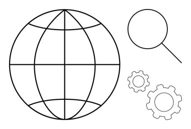 Boylam ve enlem çizgileri, büyüteç ve vitesli küre. Yenilik, ağ oluşturma, keşif, araştırma, analitik, mühendislik sade iniş sayfası için ideal