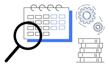 Analiz için takvim üzerinde büyüteç, işlem optimizasyonu için vites ve finans için birikmiş madeni paralar. Planlama, programlama, verimlilik, verimlilik, iş stratejisi ve ekonomi için ideal