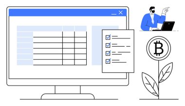 Bilgisayar ekranında veri tablosu ve kontrol listesi, dizüstü bilgisayarda çalışan adam, Bitcoin tesisi. Teknoloji için ideal, engelleme zinciri, kripto para birimi, yatırım, fintech strateji büyümesi. Basit düz