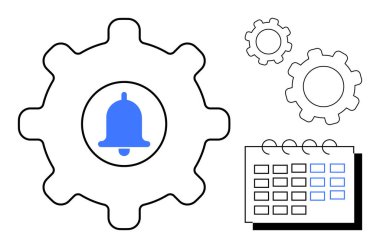 Çan simgesi, takvimi, destekleyici küçük vitesler, anımsatma, planlama, ilerleme izleme, görev organizasyonu, dijital verimlilik, optimizasyon iş akışı yönetimi basit iniş