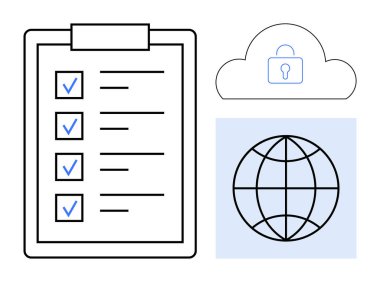 İşaretli görevleri olan kontrol listesi, kilit sembollü bulut, dünya simgesi. Veri yönetimi, siber güvenlik, küresel süreçler, üretkenlik, görev izleme, güvenli bağlantılar için ideal basit düz metafor
