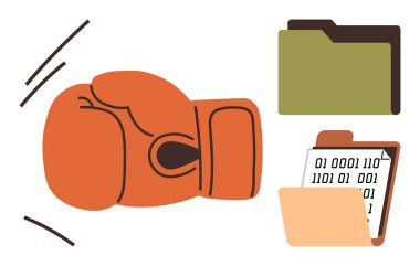 İkili kod kağıtlarıyla klasörlere vurulan boks eldivenleri veri, siber güvenlik ve kaynaklardaki zorlukları vurguluyor. Çatışma, rekabet, koruma, analiz, teknoloji ve karar verme için ideal