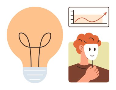 Yenilik için ampul, ilerleme için yukarı yönlü trend, kimlik veya aldatmaca için maske tutan kişi. Yaratıcılık, strateji, büyüme, başarı, kendini keşfetme, analiz basit düz