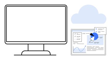 Bilgisayar monitörü, grafikler, çizelgeler ve bulut simgesi içeren dijital bir gösterge panelinin yanında. Veri yönetimi, bulut hesaplama, analitik, uzaktan çalışma, yazılım UI, iş stratejisi basit