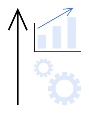 Uzun ok ve yukarı doğru eğilimli bar tablosu büyümeyi sembolize eder, dişliler süreç optimizasyonunu ima eder. İş, başarı, analitik, üretkenlik, gelişme ve yenilik için ideal takım çalışması. Basit düz