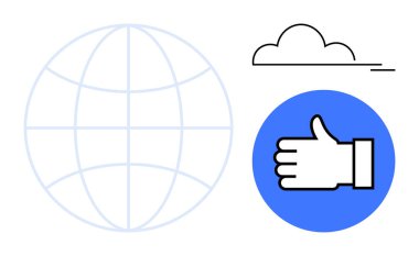 Küre çizgisi, bulut motifi ve mavi dairede baş parmak işareti. Teknoloji, ağ oluşturma, çevre, onay, sosyal medya, yenilik küresel temalar için ideal basit iniş sayfası