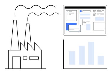Fabrika binası bacaları, web arayüzü görev ve işlemleri gösteriyor ve bar tablosu. Üretim, veri yönetimi, verimlilik, endüstriyel işlemler, üretkenlik, arz için ideal