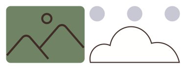 Yeşil dağları temsil eden basit geometrik şekiller, yukarıda güneş, beyaz bulut ve üç gri nokta. Hava, doğa, manzara, çevre minimalizmi için ideal dijital tasarım. Basit.