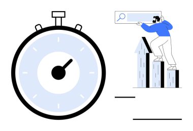 Optimizasyon için bir arama çubuğunu analiz etmek için profesyonel tırmanma çubuğu grafiklerinin yanında büyük bir kronometre. Zaman yönetimi, üretkenlik, arama içgörüleri, büyüme stratejisi, iyileştirme ve analitik için ideal