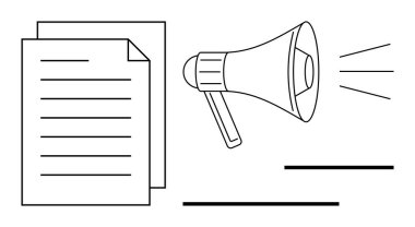 Duyuru, mesaj paylaşımı ve bilgi yayılmasını temsil eden belgelerin yanında ses dalgaları olan bir megafon. İletişim, pazarlama, bildirim, medya, reklamcılık ve kamuoyu için ideal