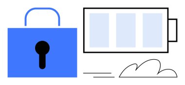 Güvenliği simgeleyen kilit, enerjiyi ya da kaynakları temsil eden pil, dinamik bulut çizgileri ile. Siber güvenlik, enerji yönetimi, dijital güvenlik, kaynak optimizasyonu ve teknoloji için ideal