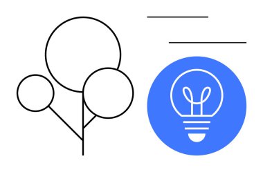 Mavi dairesel çerçeveli bir ampulün yanında basit çizgi tabanlı ağaç kavramı. Yenilik için ideal, sürdürülebilirlik, yaratıcılık, büyüme, eko-bilinç, beyin fırtınası, basit iniş sayfası