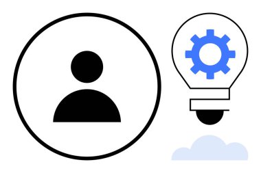 Siyah insan profili ikonu, donanımlı ampulün yanında, fikirler ve yenilikleri sembolize ediyor. Yaratıcılık, yenilik, beyin fırtınası, teknoloji, iş büyümesi, problem çözme için ideal