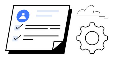 Belgede kontrol işaretleri, ayarlar için çark ve depolama için bulut olan kullanıcı profili. Kullanıcı yönetimi, iş akışı, bulut hesaplaması, otomasyon, organizasyon, ayarlar için ideal