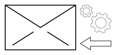İçinde ok ve iki vites bulunan kapalı bir zarf. E-posta dağıtımı, otomasyon ve optimizasyonu temsil ediyor. İletişim, yazılım, iş akışı, bağlantı, işbirliği verimliliği için ideal basit iniş